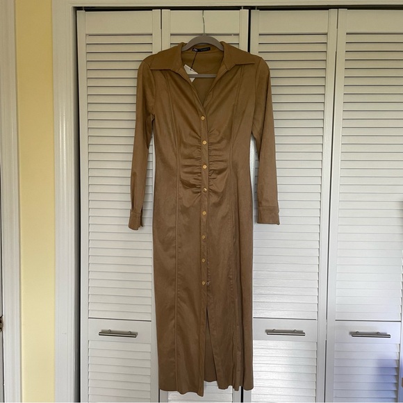 Zara Ruched Faux Suede Button Down Midi Dress - Picture 10 of 11